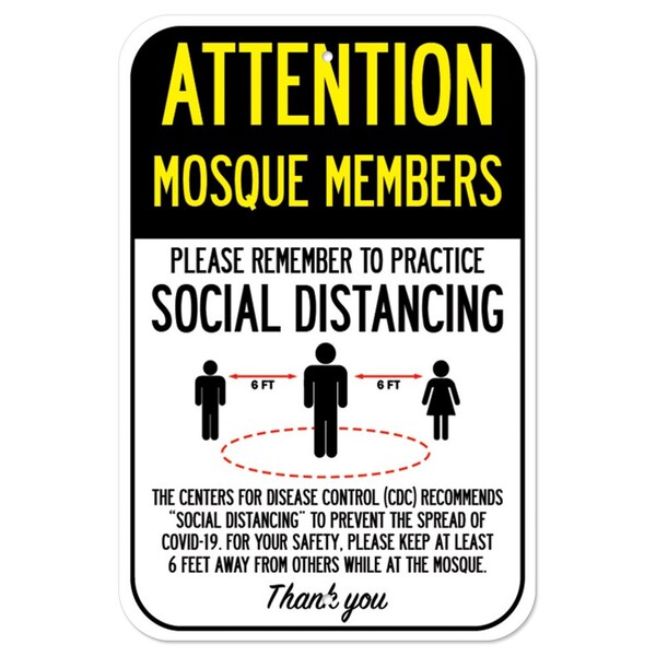 Public Safety Sign-Mosque Members Practice Social Distancing, Heavy-Gauge, 12" H, A-1218-25385